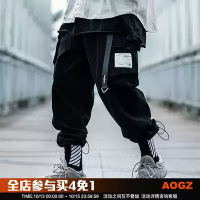 Xiaobingguo autumn belt overalls men's straight loose hip hop Tide brand foot function sports pants ins tide