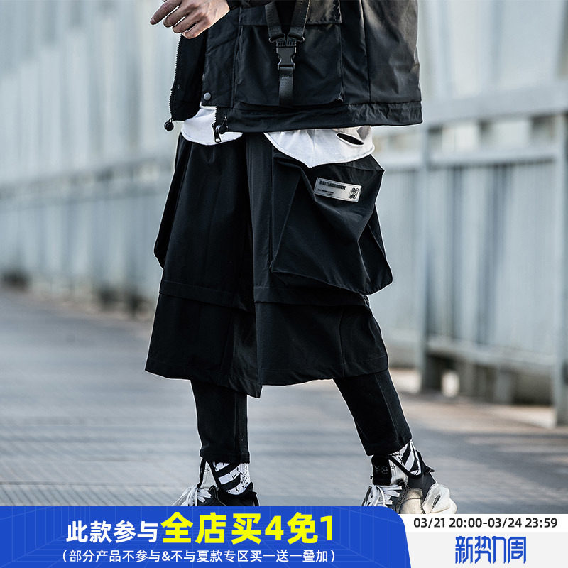 Guochao Spring Fall Functional Wind Tooling Pants Men Loose Hip Hop and Hip Hop Two Bunch Leg Pants Sports Thick Cotton Pants Tide