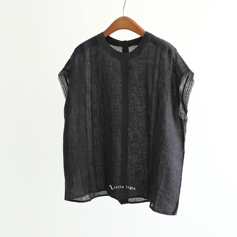 Japanese-Style Yarn-Dyed Linen Lace Shoulder-Covering Sleeves Shell-Button Short-Sleeve Shirt, Women's Elegant Top Blouse