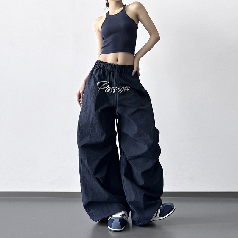 Navy Blue High-Waisted Wide-Leg Pants for Women 2026 Spring/Summer New Loose Casual Pants with Letter Print Drawstring Sports Pants