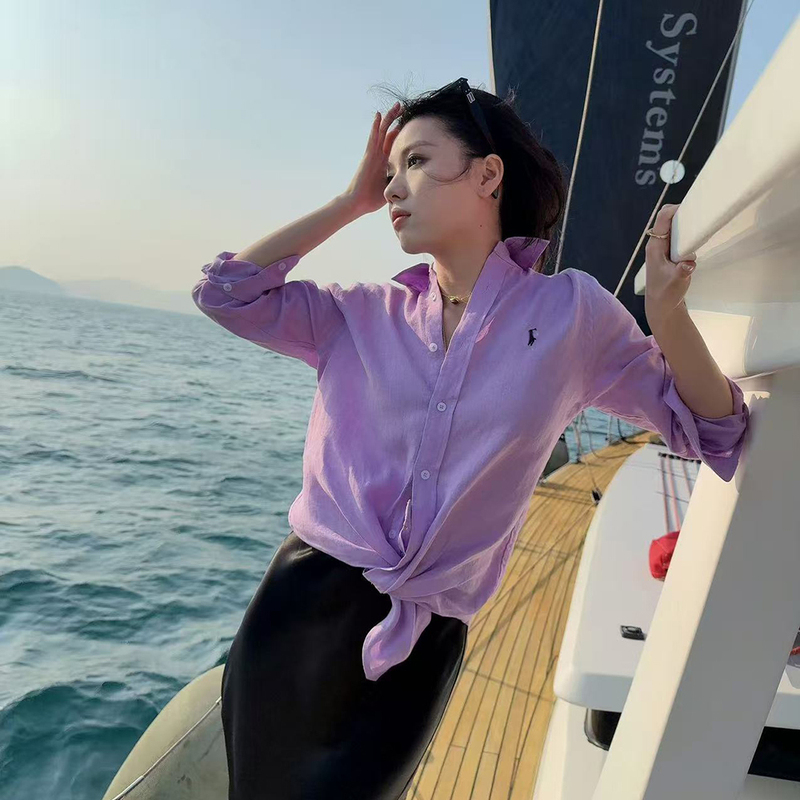 2026 Early Spring New Style Old Money Style Embroidered Pony Linen Purple Button-Down Lapel Long-Sleeve Shirt for Men and Women