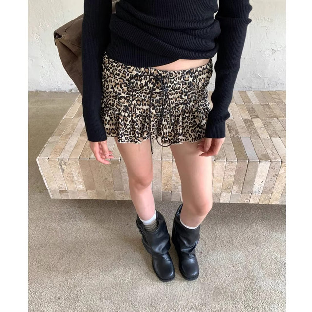 Retro leopard print strappy skirt cake culottes for women autumn American hot girl retro style A-line skirt