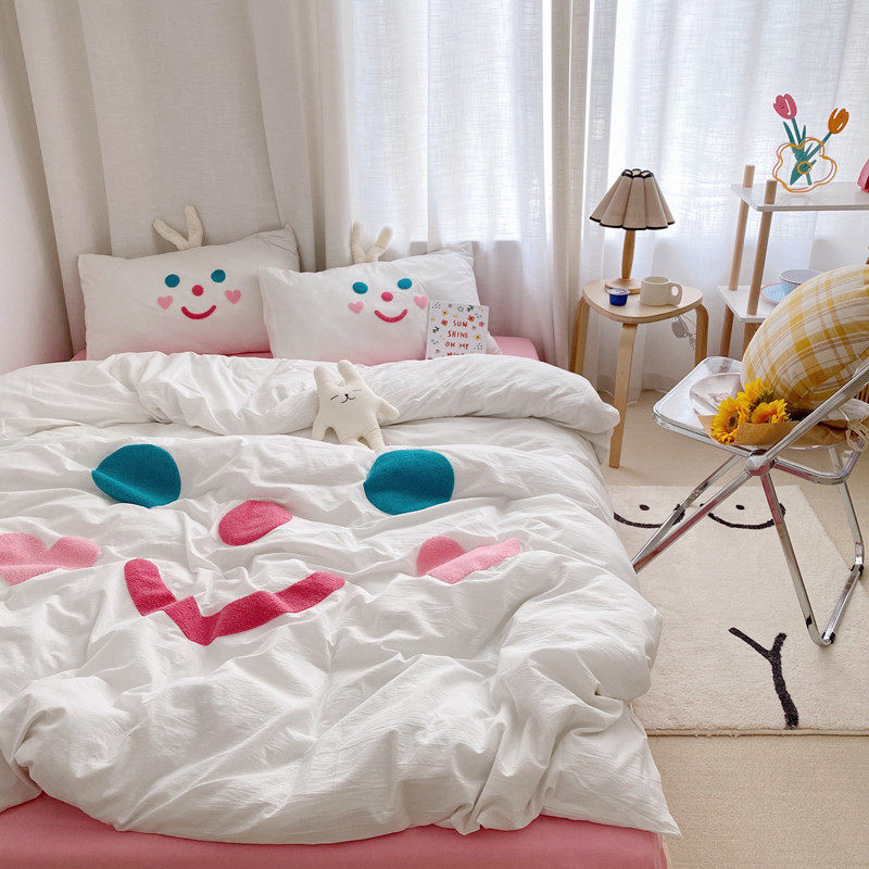 Healing smiling face ins girly style pure cotton washed cotton four-piece set bed sheet quilt cover fitted sheet cartoon expression