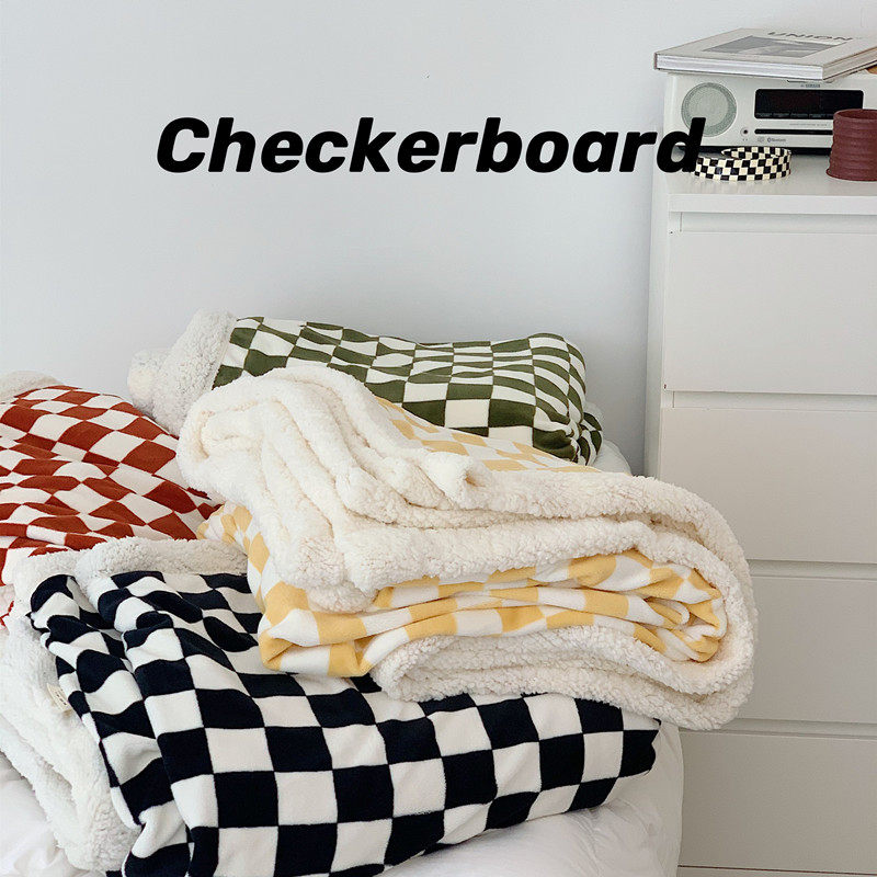 chic retro western style checkerboard double-layer blanket lamb velvet thickened lunch break blanket simple grid soft skin-friendly