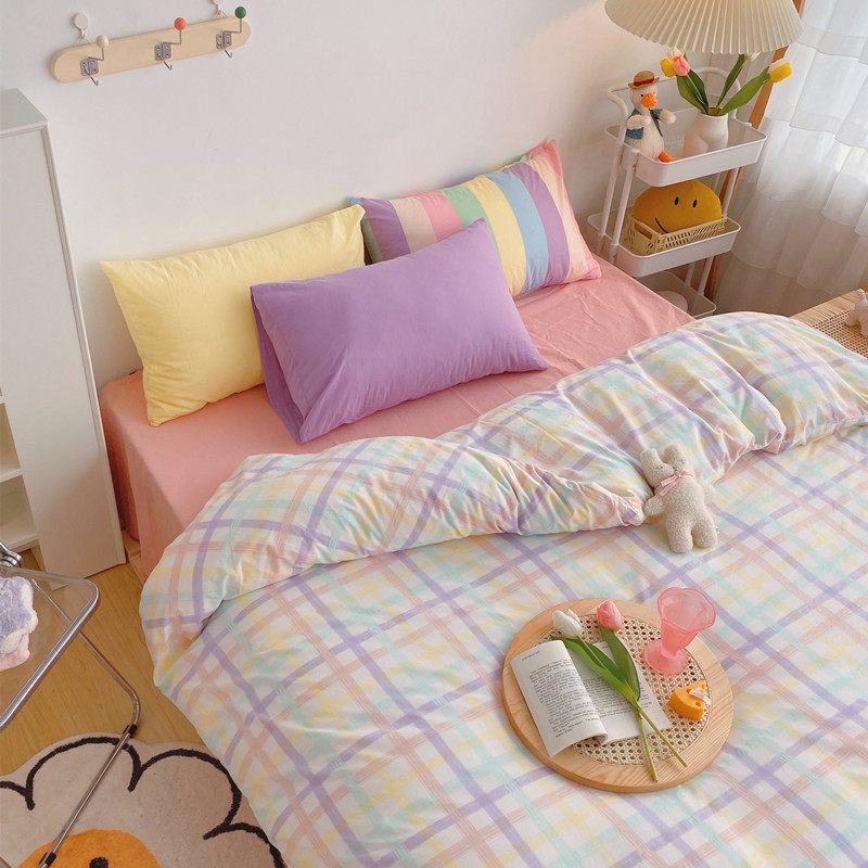 Ins cream contrast color pure cotton washed cotton four-piece set cotton solid color girl dormitory bedding double bed sheet color grid