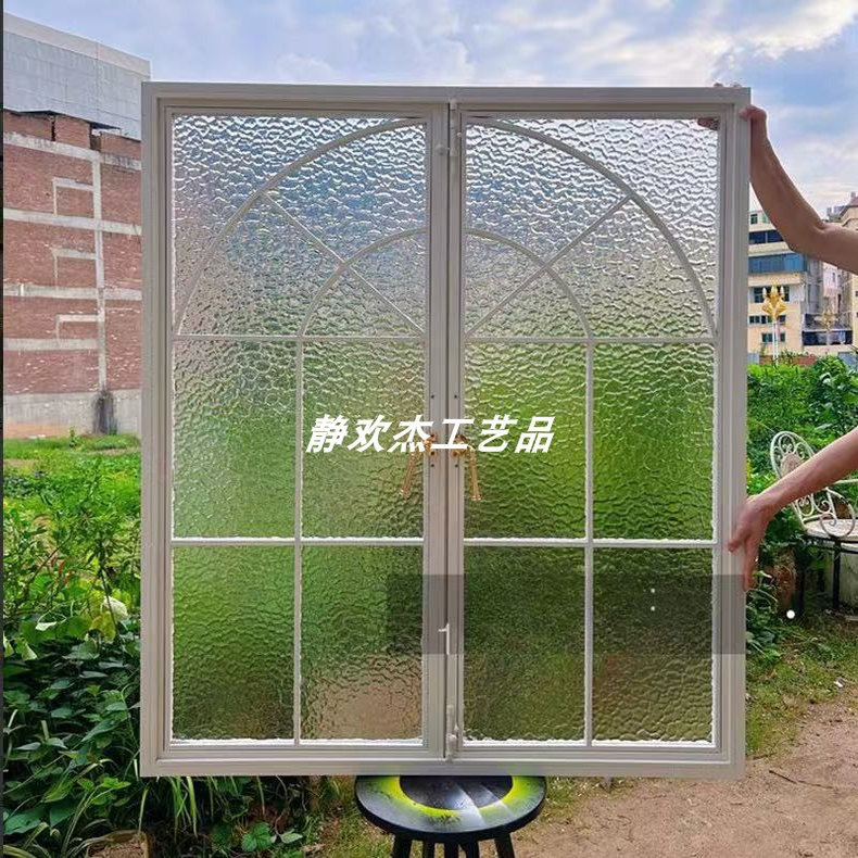 Aluminum Alloy French-Style Vintage Window, Casement Lattice Art Glass, Black and White Old Steel Window, Arched Old-Style House Interior