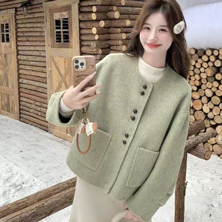 Korean Style Tweed Jacket for Women, Short Green Round-Neck Buttoned High-End Woolen Coat for Petite Women, Autumn and Winter