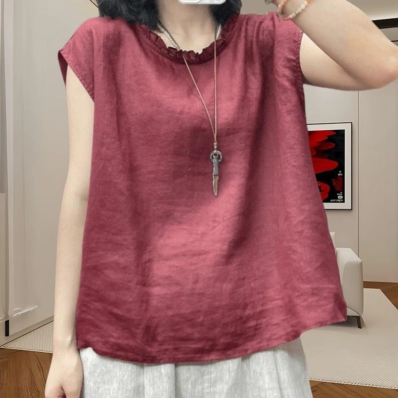 Thin Flutter-Sleeve Vest Cotton-Linen Shirt, Summer Loose Fit, Slimming, Elegant, Age-Reducing, Ruffled Casual Base Top Thin Flutter-Sleeve Vest Cotton-Linen Shirt, Summer Loose Fit, Slimming, Elegant, Age-Reducing, Ruffled Casual Base Top