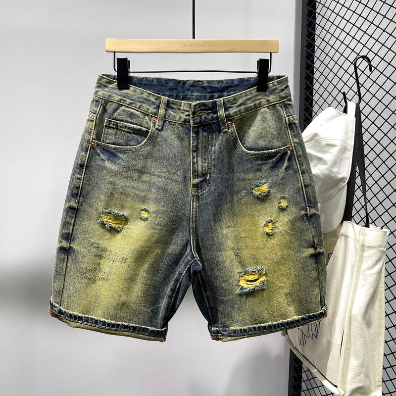 Chen Bangjia ▲ Distressed Vintage Washed Cool Denim Shorts for Men, Summer Trendy Brand, Ripped, Cool and Breathable Five-Point Shorts.