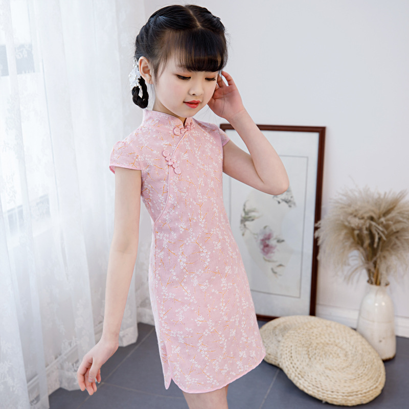 Girls' cheongsam Chinese style 2024 summer new style medium and large children's western-style dress pure cotton spring and autumn improved Tang suit powder
