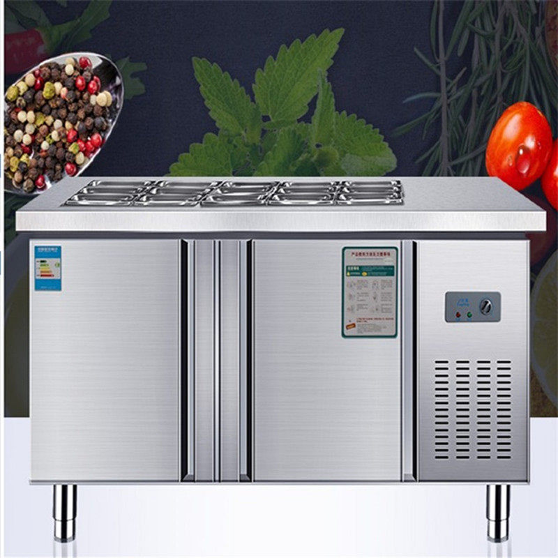 Milk tea shop slotted fresh-keeping table salad stainless steel flat cold operation table refrigeration freezer kitchen refrigeration equipment
