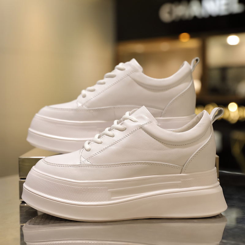 White Shoes 2026 Spring New Style Cowhide Sports Height-Increasing Women's Shoes Thick-Soled Shoes Versatile Casual Lace-Up Platform Shoes