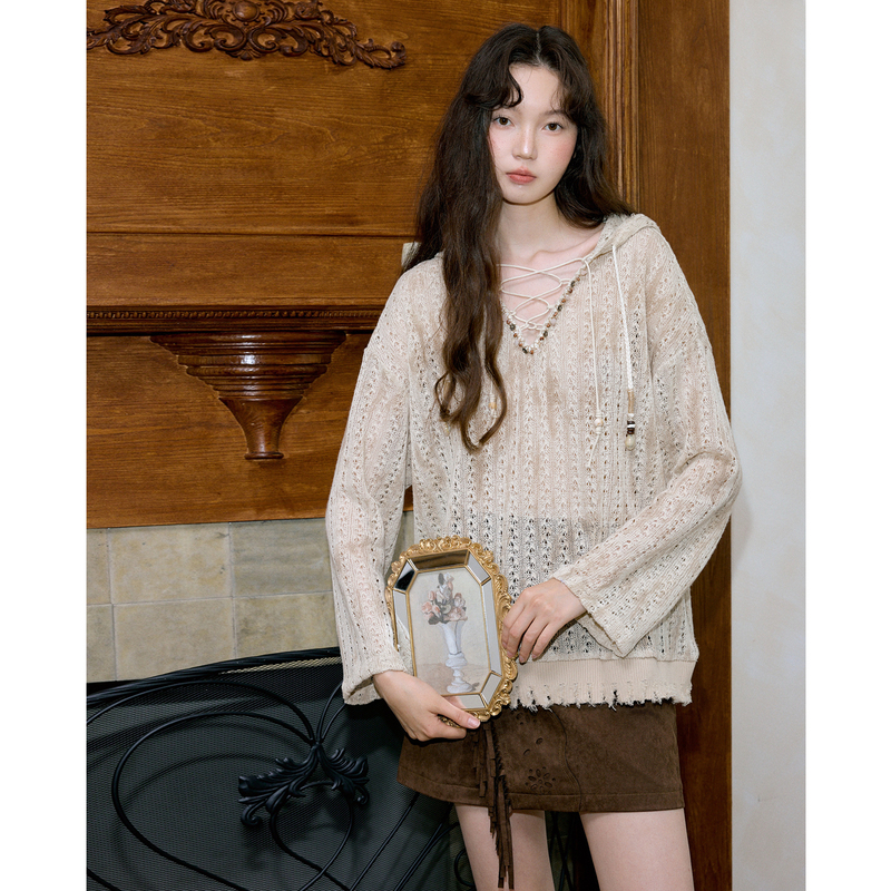 Today's Artist-Created Light Brown New Bohemian Style Loose Hollow-Out Hooded Blouse Top