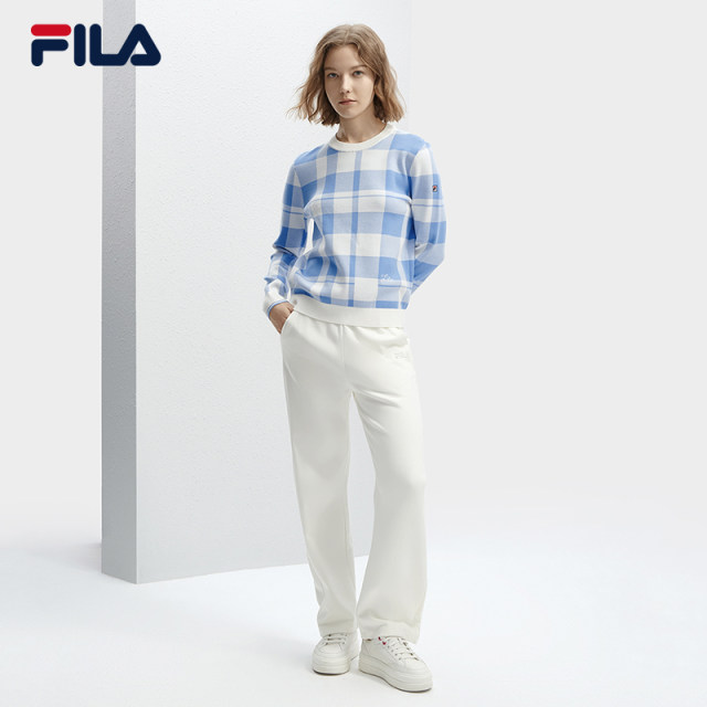 FILA Official Women's Knitted Sweater 2024 Spring New Fashion Casual Checkered Pattern Pullover Sweater