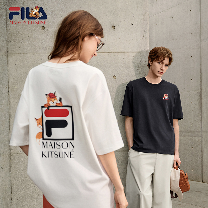 Yi Yangqianxi同じスタイルFILA FeileカップルカラフルTシャツメンズXiaxinキツネ刺繍スポーツトップスレディース半袖