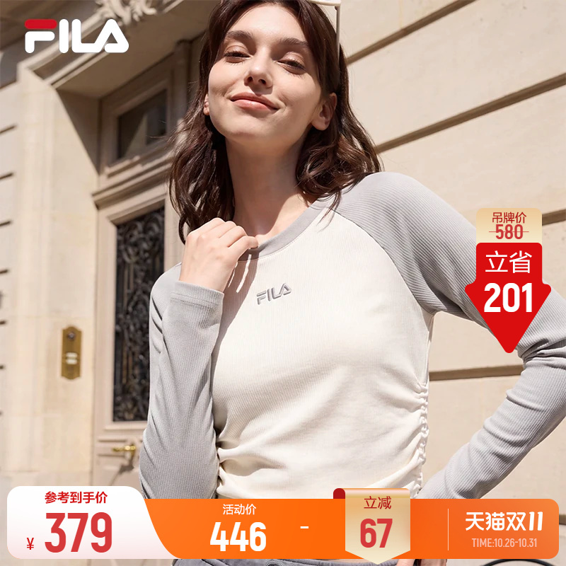 【Same Style as Yang Mi】Color-Blocked Raglan Sleeve T-Shirt | Fila Women's Top, Autumn 26, Slim Fit Long Inner Layer