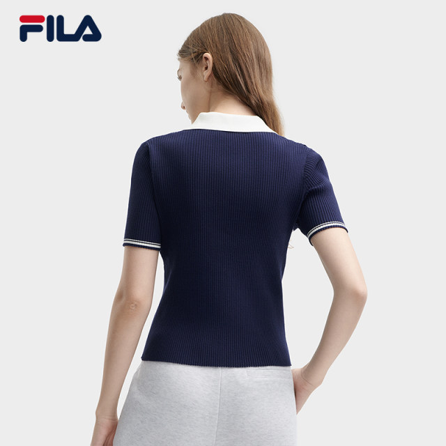 FILA Official Women's Knitted Shirt 2024 Summer New Fashion Casual Contrast Color Lapel Short-Sleeved Top