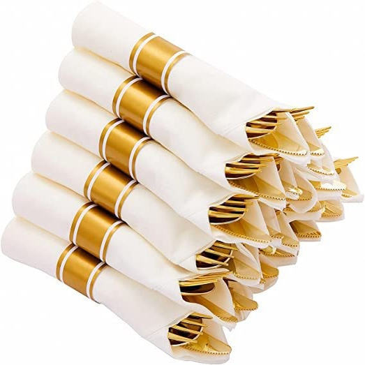 Disposable Plastic Rose Gold Knife, Fork, Spoon, Napkin Set Party Gold Three-Piece Tableware Set Silver Black