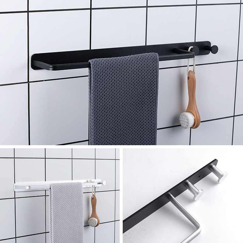 Powder room hanging towel rack Single nail-free hanging rod free punching wall wall bathroom cool towel bar with hook black artifact