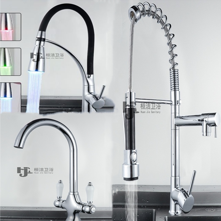 Huan Jie sink high pressure double water cold and hot water faucet washing basin shower can be rotated copper kitchen home pull telescopic