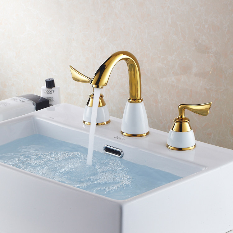 Full copper gold three-hole basin faucet Hot and cold washbasin faucet Two-piece double European antique three-piece set