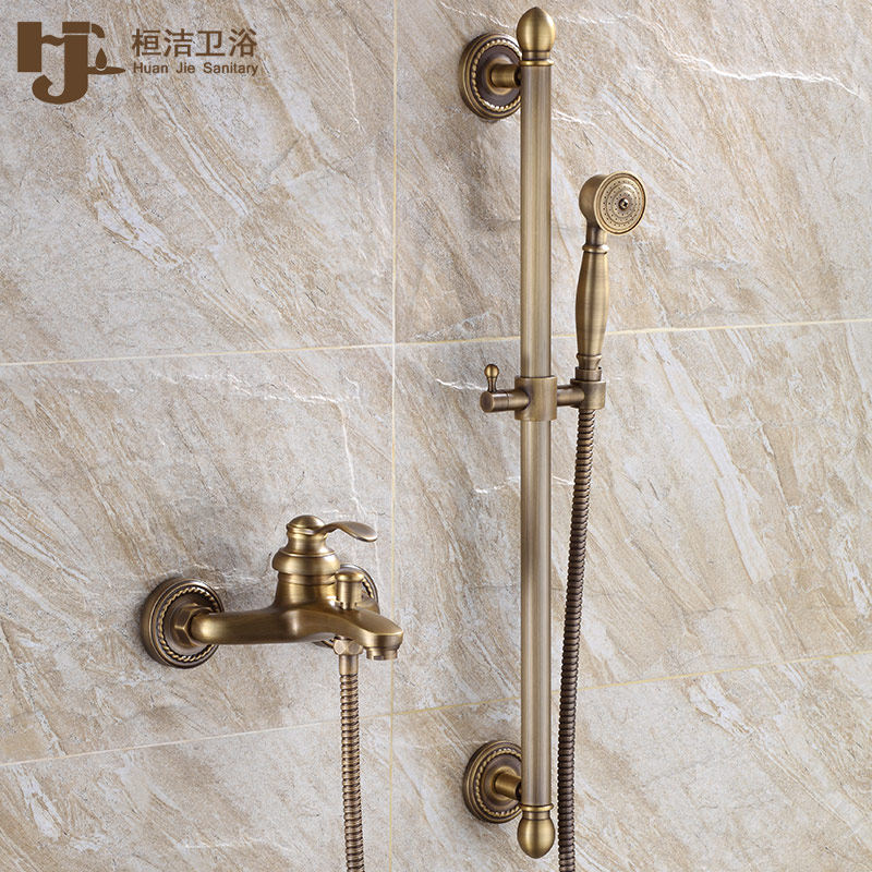 Full copper imitation ancient shower tap water heater shower head shower suit bathroom bathtub triple tap water mixing valve hot and cold