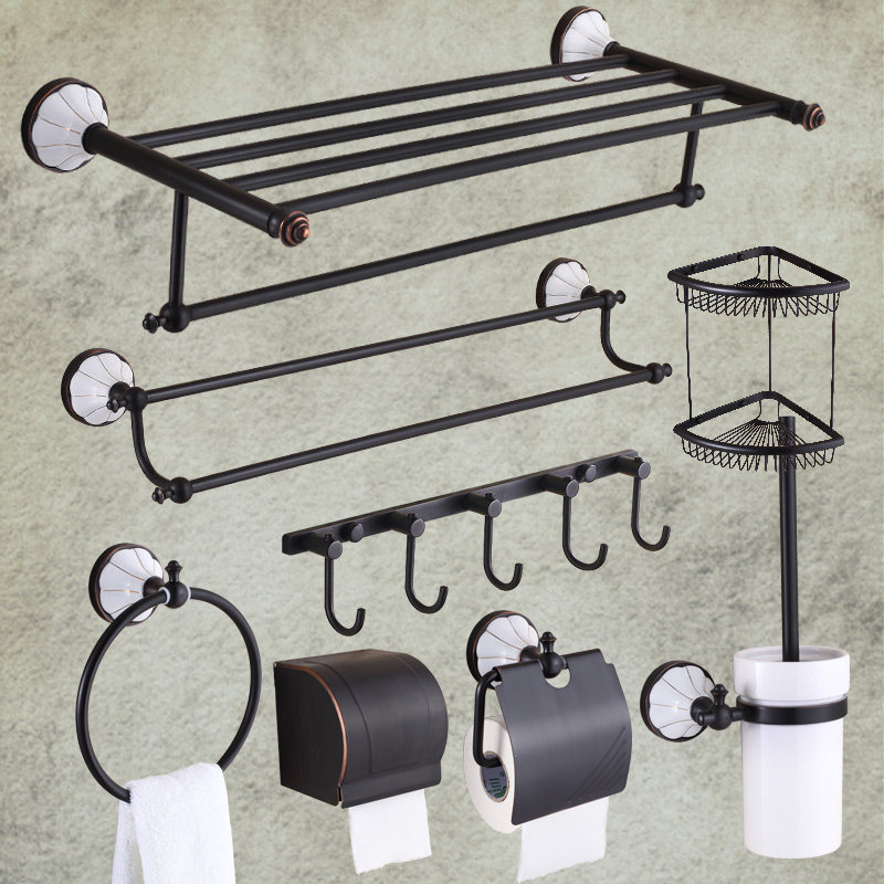 No-punching American antique bronze bath towel rack all copper black towel rack bathroom shelf bathroom hardware pendant