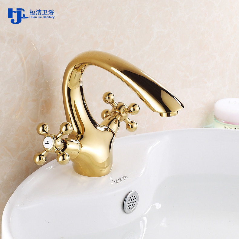 Huanjie golden basin faucet all copper basin washbasin faucet European double hot and cold washbasin faucet