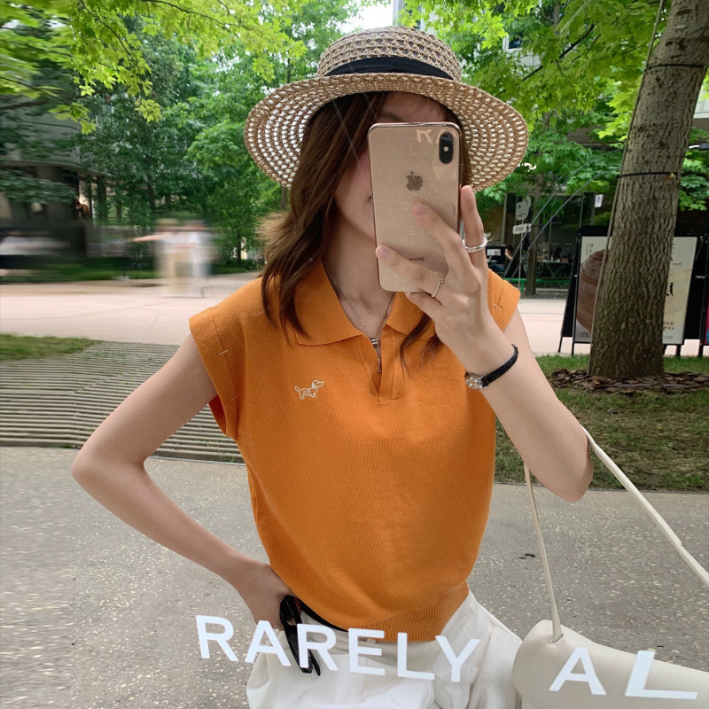 Longmei Orange Polo Collar Linen Knit Short-Sleeve T-Shirt for Women, 2026 Summer New Style, Loose Fit, Slimming Embroidered Top