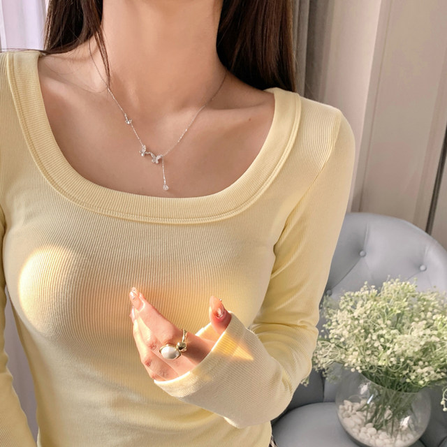 Yellow Slim Low Collar Long Sleeve T-Shirt for Women