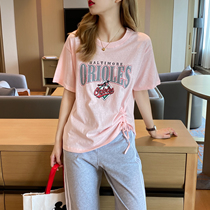 Drawing rope short sleeve T-shirt female summer design feeling small crowdsourced 2022 new pure cotton loose Korean version Compassionate Blouses
