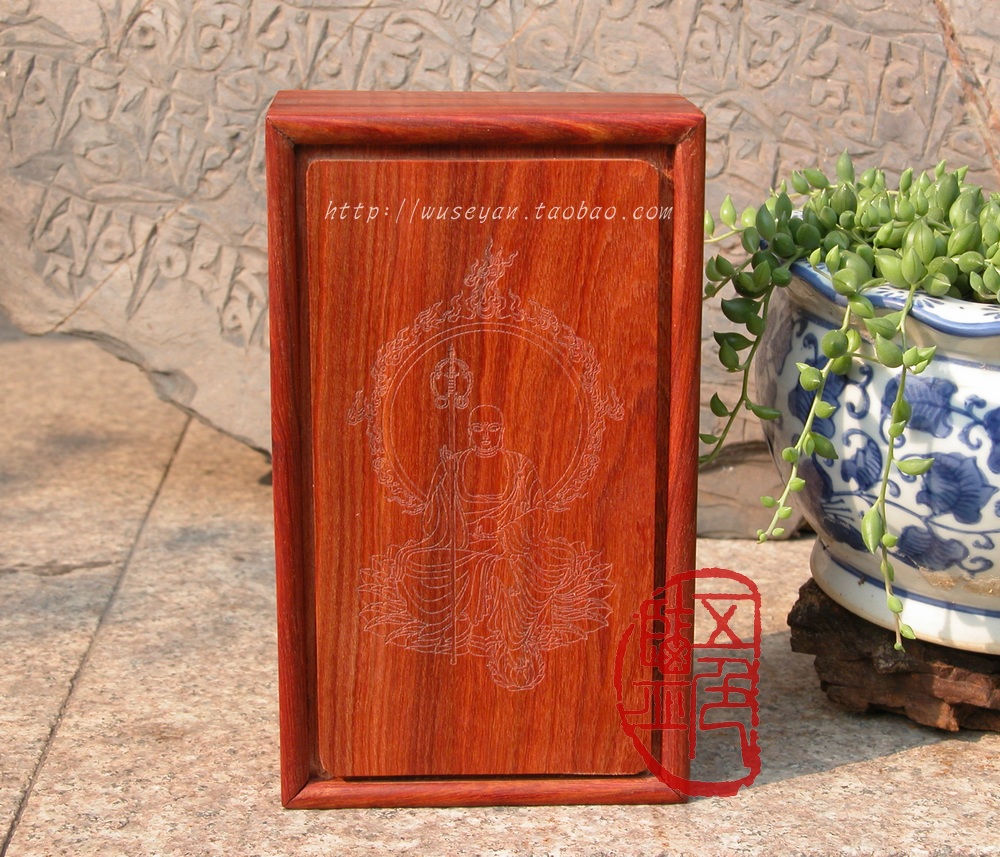 Pure solid wood box Red sandalwood line carved Jizo Bodhisattva statue Handmade wedge tenon structure lacquerless process