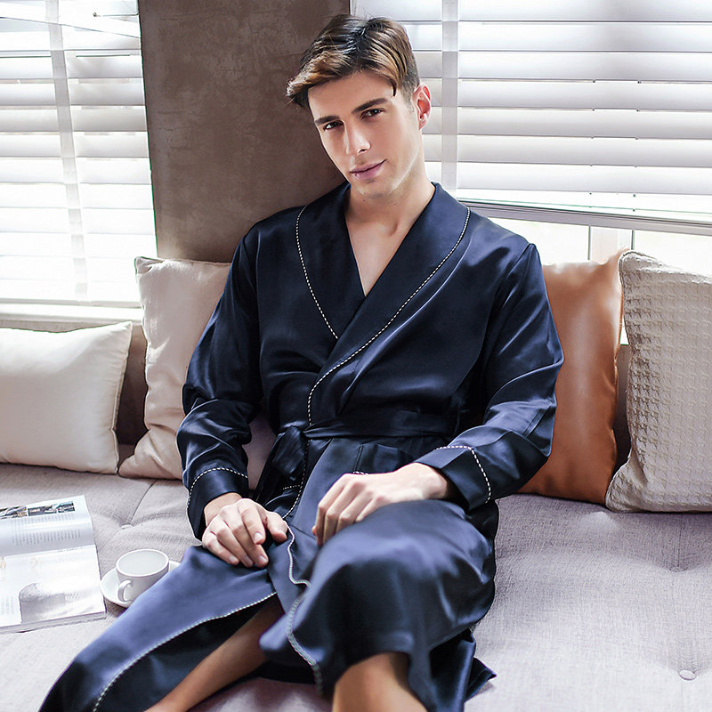 Meritaman silk nightgown Men's long-sleeved pajamas Spring and Autumn silk home wear Solid color 100% Mulberry silk bathrobe