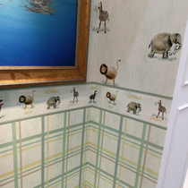 Cartoon Small Deer Elephant Zebra Lion Animal Paradise Waist Line Green Plaid Seamless Wall Cloth Childrens House Wall Cloth