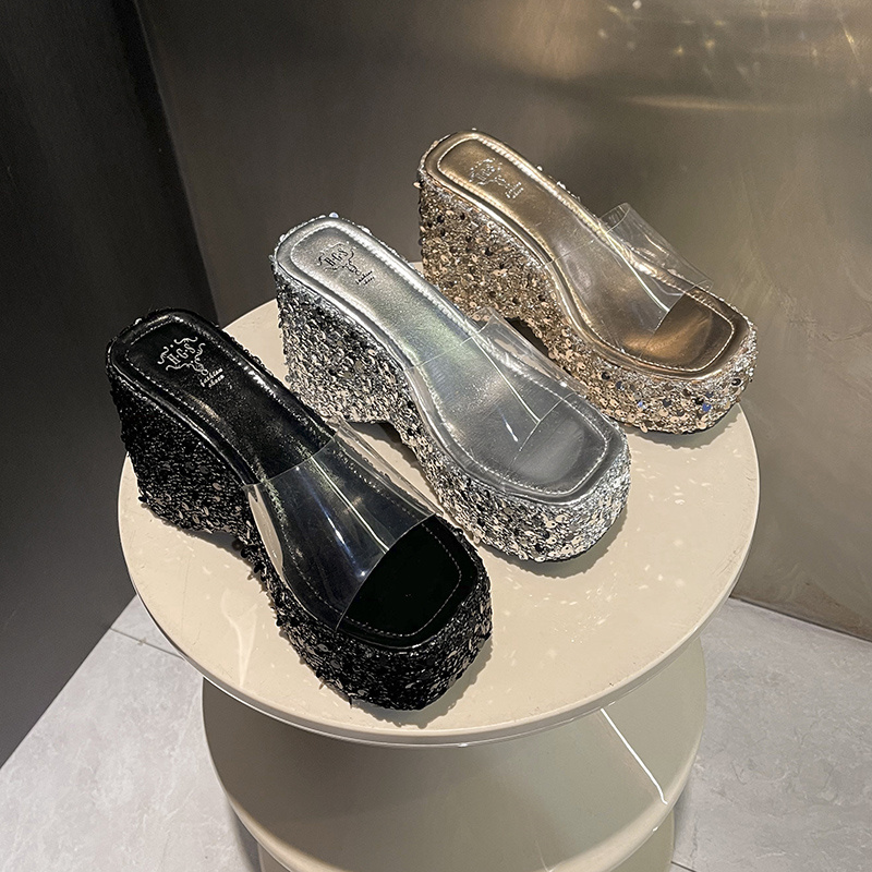 9cm High-Heeled Shoes for Petite Women with Rhinestones and Glitter, Summer Wedge Heels, Transparent Platform Thick-Soled Sandals