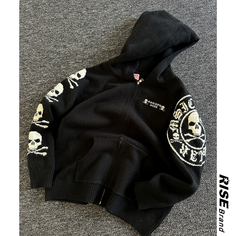 「Rise Brand」Dark Street Culture Knitwear Men's Skull Jacquard Hooded Sweater Cardigan Jacket