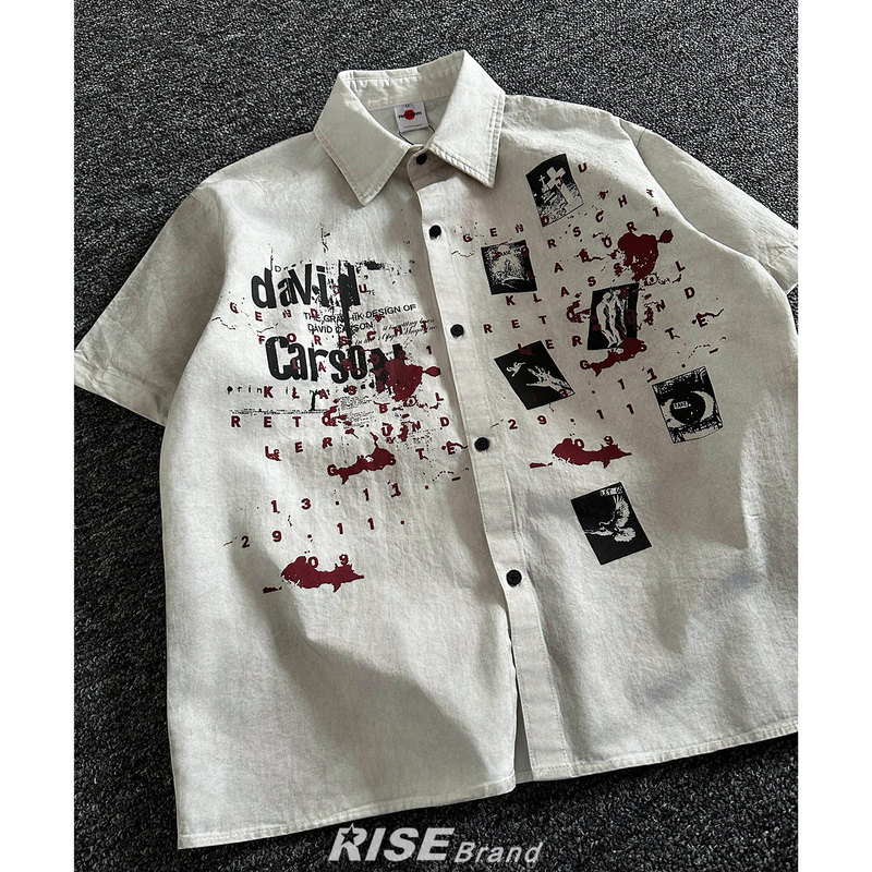 Cleanfit Street Style Graffiti Printed Short-Sleeved Shirt for Men in Spring and Summer, Loose and Distressed Trendy Brand Fitted Soft Shell Shirt