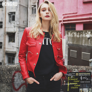 2018 mùa xuân mới đầu máy PU đỏ da nhỏ phụ nữ ngắn coat đinh tán slim slimming áo khoác da
