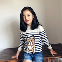 Cashmere custom navy wind striped bear children pullover sweater round neck parent-child family of three pure cashmere sweater