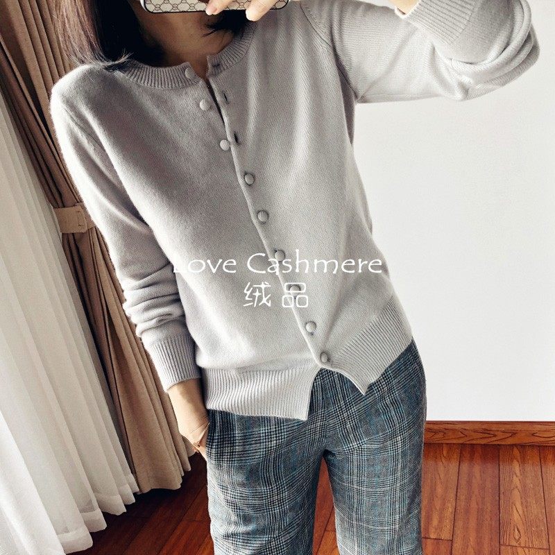 Velvet Custom Temperament Silver Gray Buttoned Round Neck Knitted Sweater Cardigan Commuting Style 100% Pure Cashmere Sweater