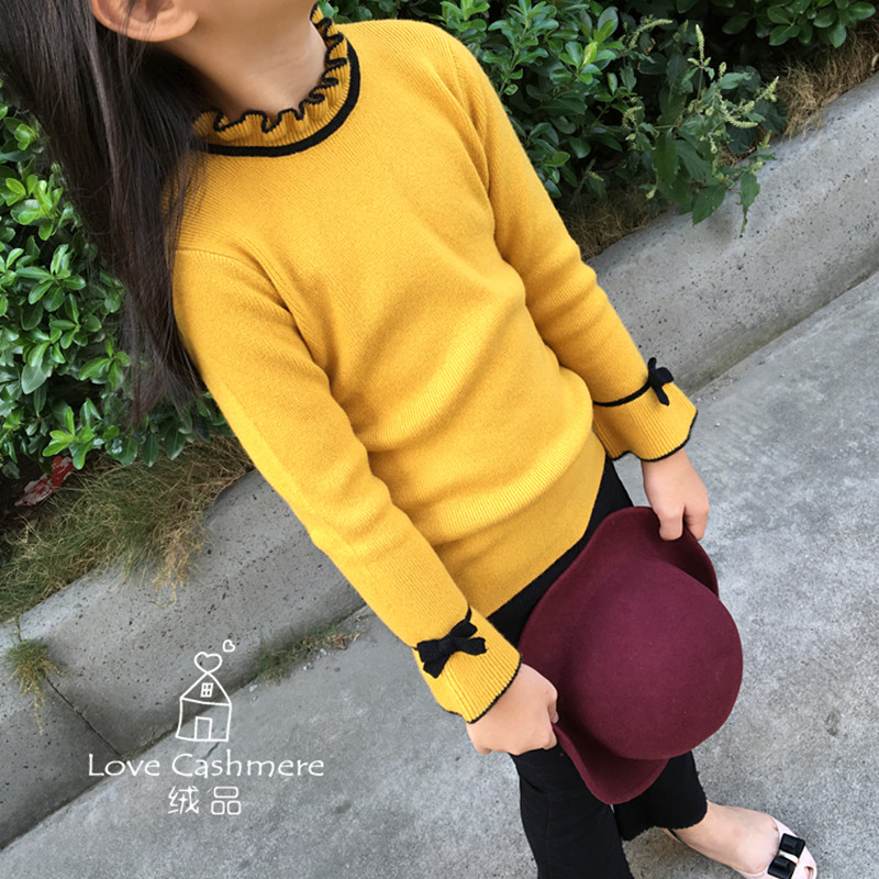 Sweet Princess Style Girls Sweater Pullover Bow Knot Trumpet Sleeve Four Flat Stretch Elastic Bottom Parent-child Cashmere Sweater