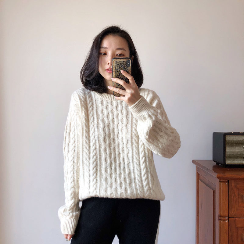Love velvet custom big cousin joint name same style thickened heavy cable pure cashmere sweater women's thick needle sweater