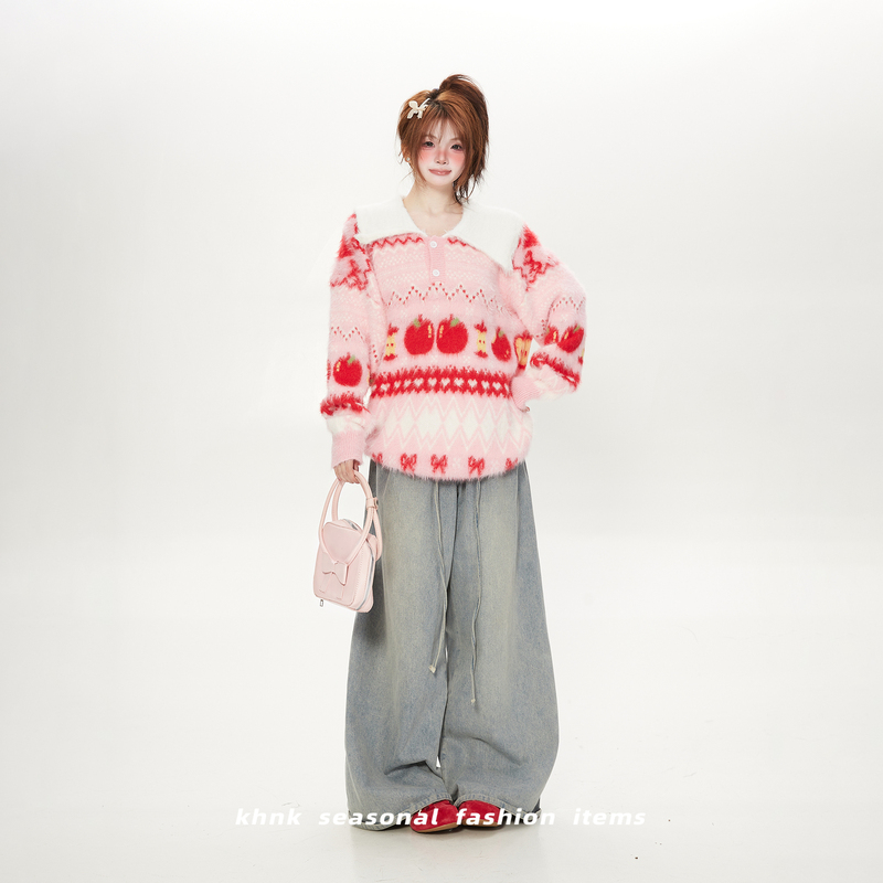 Super Pretty Big Lapel Strawberry Jacquard Pink Sweater for Women, Autumn and Winter Soft and Sweet Faux Mink Knit Top