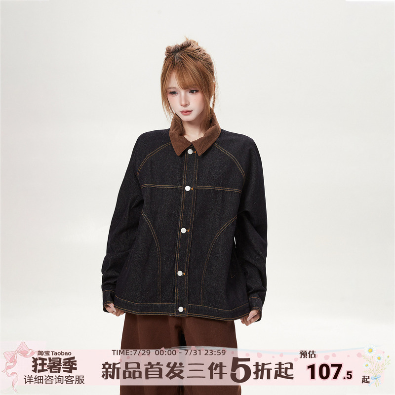 Little Ant American Retro Denim Jacket for Women, Autumn Loose Bf Style with Visible Stitching Design, Trendy Brand