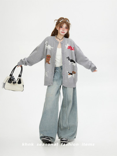 美式趣味小狗卡通灰色圆领毛衣外套女秋冬情侣宽松慵懒风针织开衫