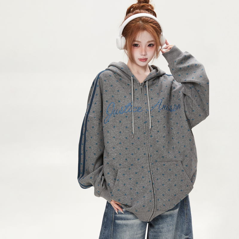 Little Ant American-Style Sports Star All-Over Print Hooded Sweatshirt for Women, Loose Casual Letter Embroidery Zipper Jacket Little Ant American-Style Sports Star All-Over Print Hooded Sweatshirt for Women, Loose Casual Letter Embroidery Zipper Jacket
