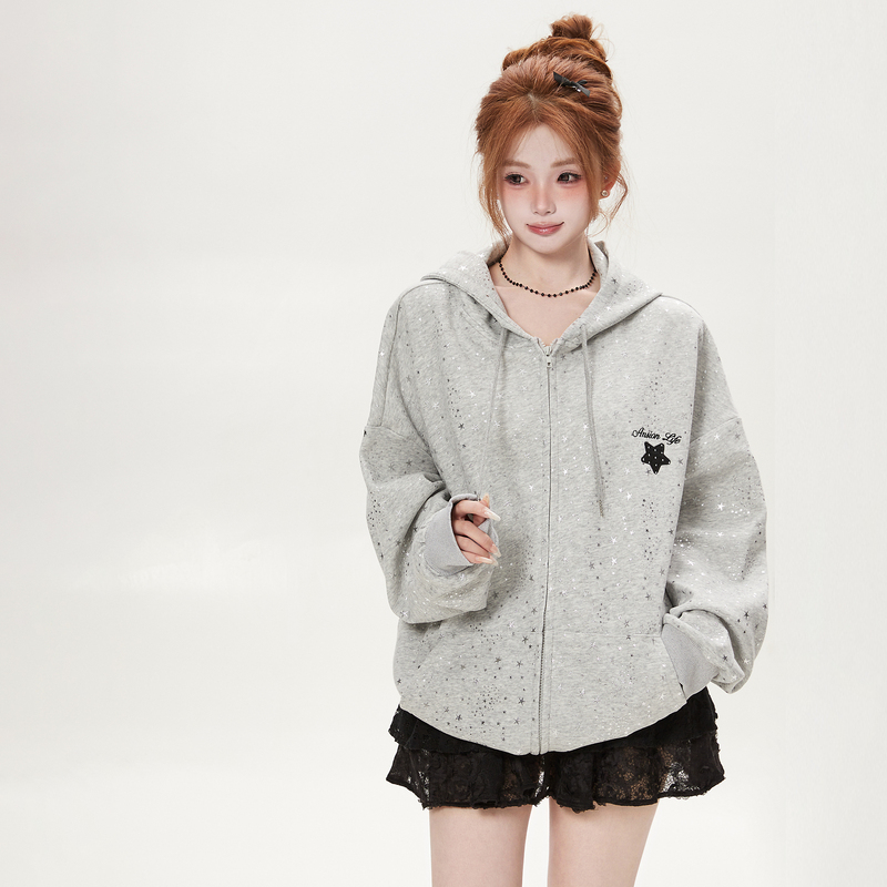Little Ant Korean-Style Star Print Hooded Sweatshirt Cardigan for Women, Autumn Loose and Unique Lazy Style Trendy Jacket