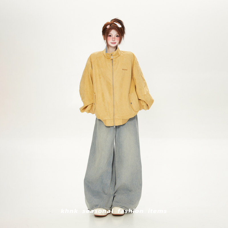 Dopamine Style American Plaid Patchwork Suede Jacket for Women, Spring and Autumn Loose Baseball Jacket, Workwear Jacket, Trendy Brand