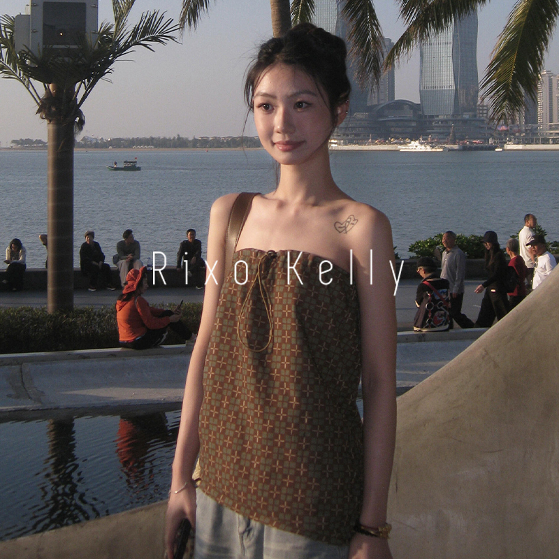 Rixo Kelly Retro Plaid Drawstring Backless Tube Top Women's Summer Sleeveless Tube Top Loose Top