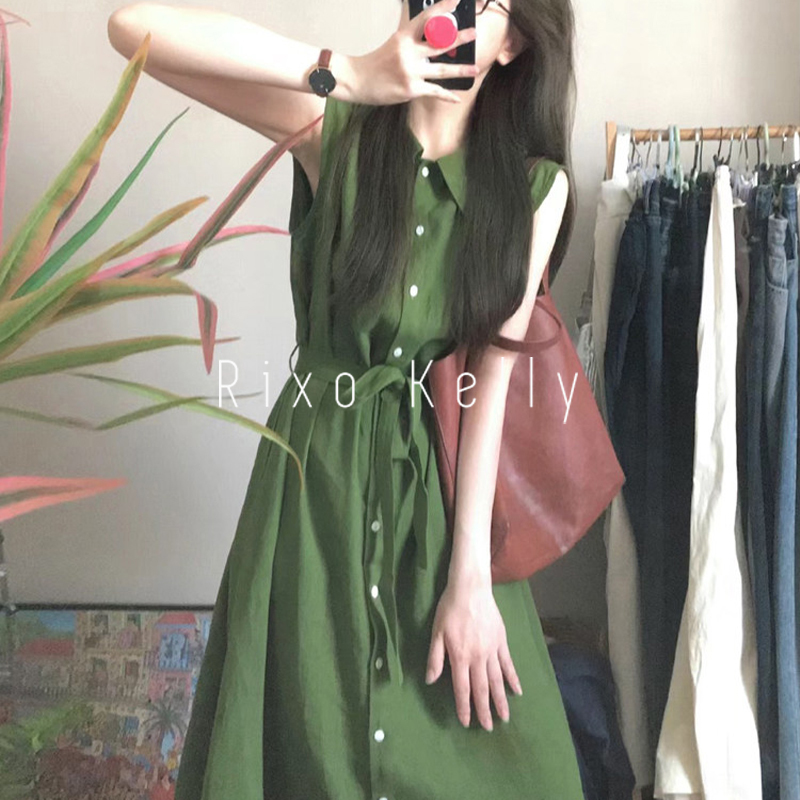 Rixo Kelly Green Sleeveless Shirt Dress for Women, New Summer Style, Loose Fit, Slimming, Tie-Up, Elegant Long Dress